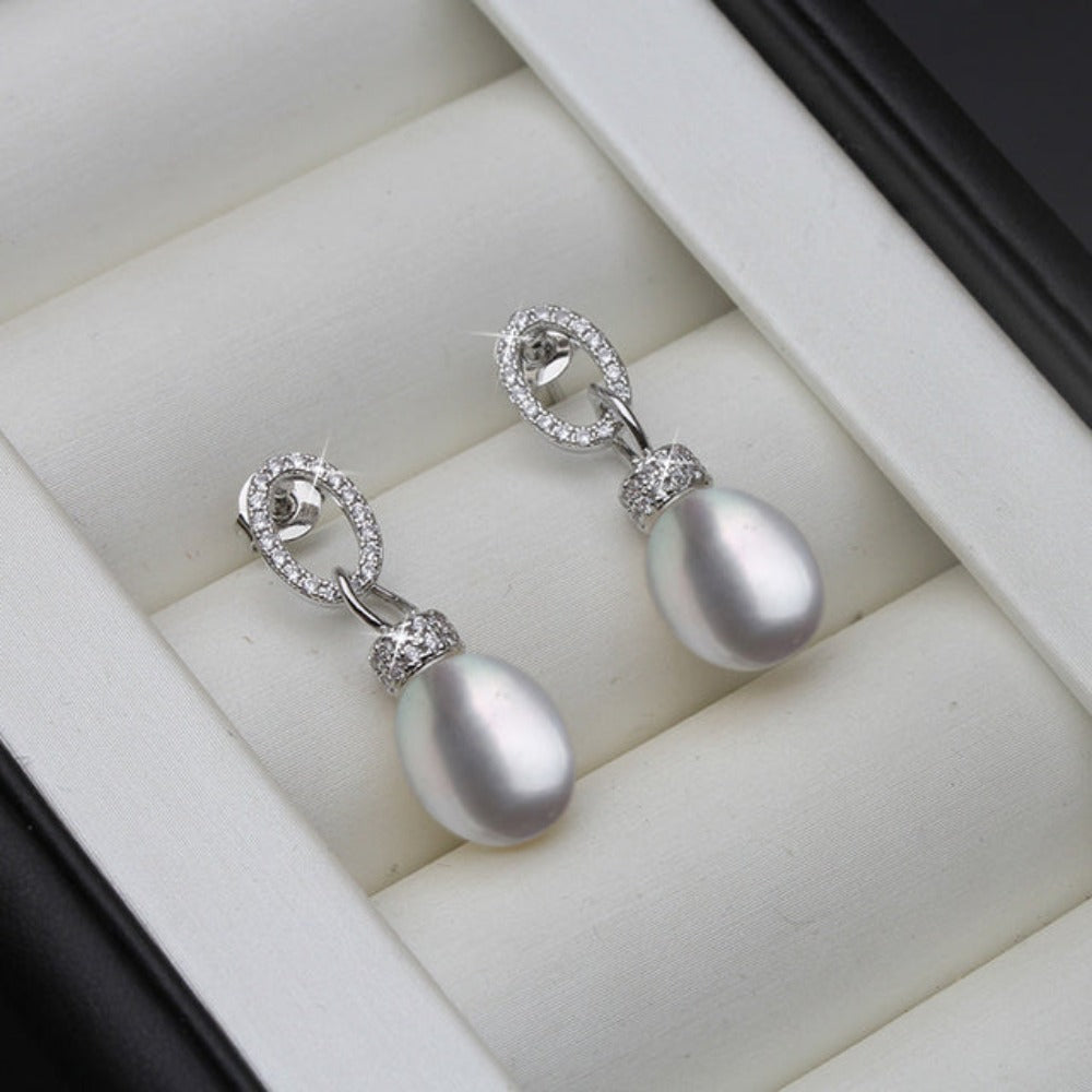 Genuine Freshwater Pearl & Simulated Diamond Drop Earrings-1